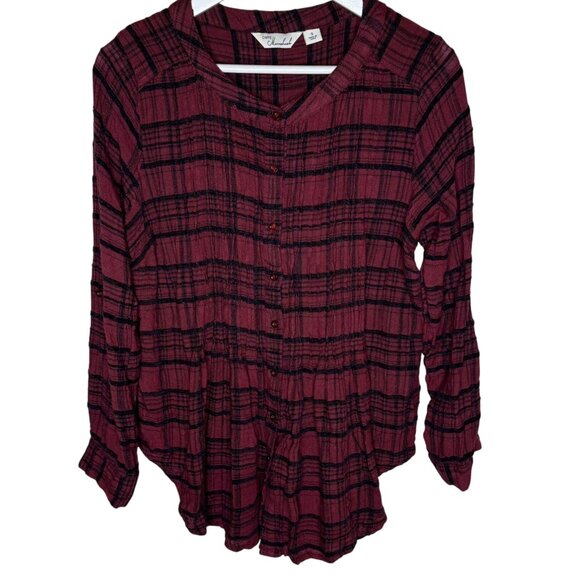 Caffe Marrakesh Purple & Black Plaid Pintuck Gauzy Button-Up Blouse, Size Small - Picture 1 of 8